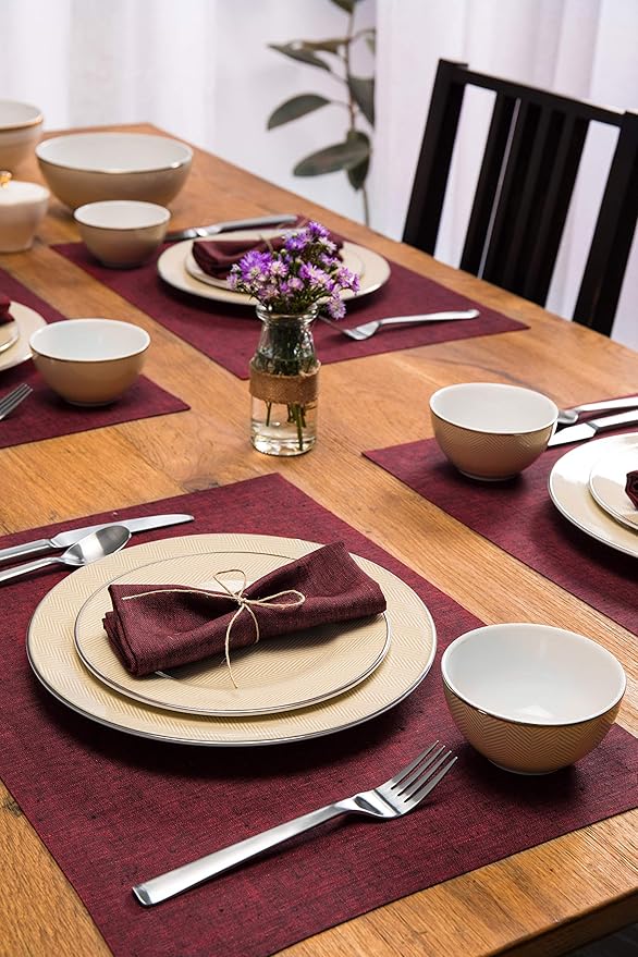 Solino Home Linen Placemats Set of 4 - Red Garnet Placemats 14 x 19 Inch - 100% Pure Linen Table Mats for Valentines, Holiday, Winter, New Year - Athena