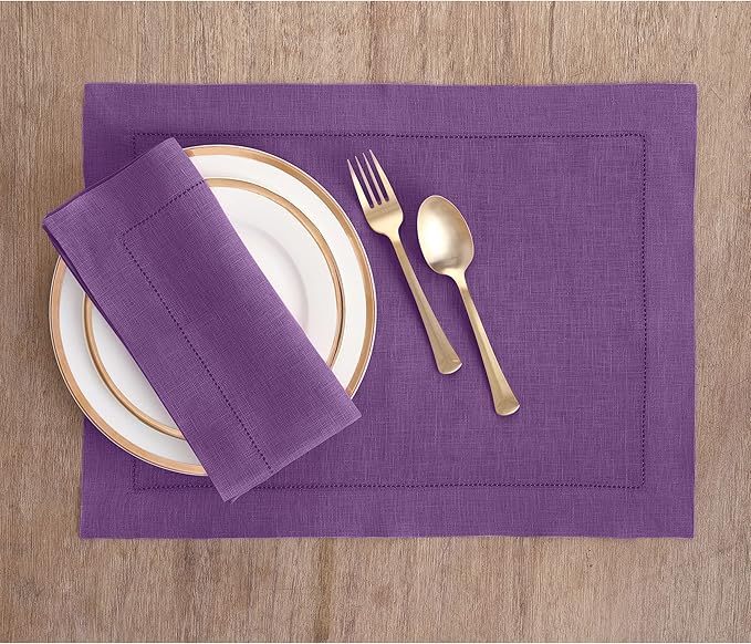 Solino Home Purple Linen Napkins Set of 6-100% Pure Linen Hemstitch Dinner Napkins 20 x 20 Inch for Valentines, New Year - Classic Hemstitch