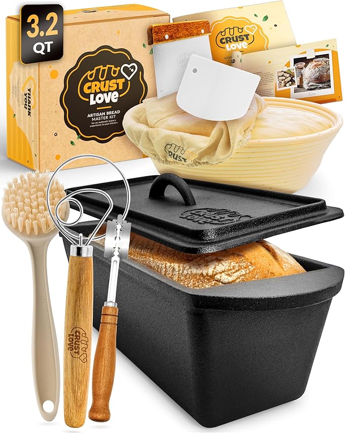 CRUSTLOVE Rectangular Cast Iron Dutch Oven for Bread Baking - incl. Sourdough Bread-Baking Supplies - 3.2QT Bread-Pan for Homemade-Bread, Sour dough Bread-Pans with Lid, Bread-Oven, Bread-Baking-Pan