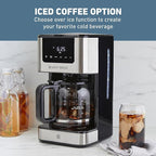 West Bend Drip Coffee Maker Brews Hot or Iced, Programmable with Brew Strength Selector Auto Shut-Off and 6 Functions Permanent Mesh Filter and Glass Carafe, 12-Cup, Metallic