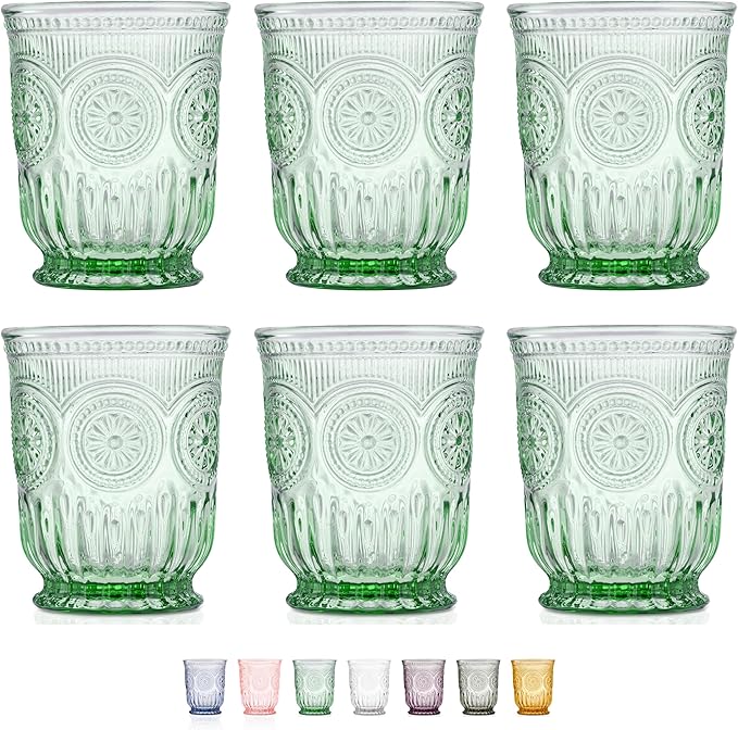 Yungala Green Small Drinking Glasses Set of 6 Vintage Hobnail 8 oz