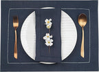 D'Moksha Homes Linen Placemats Set of 4 - Classic Hemstitch Navy Blue Placemats 14 x 19 Inch - 100% Pure Linen Table Mats for Winter, Holiday, New Year - Handcrafted and Machine Washable
