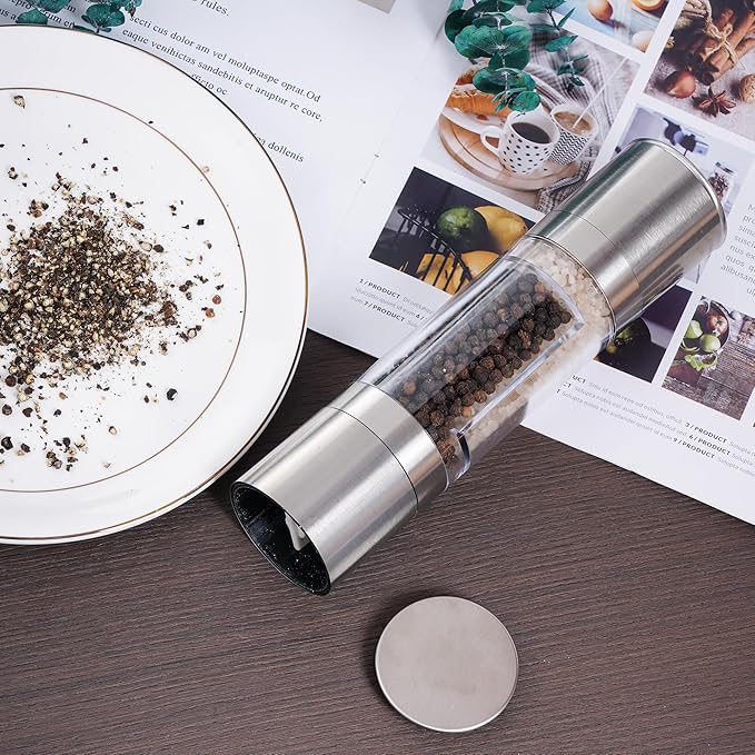 2 in 1 Salt and Pepper Grinder Stainless Steel Manual Pepper Mill Adjustable Coarseness Ceramic Spice Grinder Dual Refillable Salt Pepper Mill Shaker for Camping Travel Outdoor Home BBQ