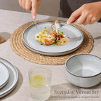E-far Stoneware Dinnerware Sets for 6, 18 Pieces Reactive Glaze Plates and Bowls Sets, Elegant Dishes with Rustic Terracotta Clay Base, Dishwasher & Microwave Safe, Scratch Resistant, Glacier White