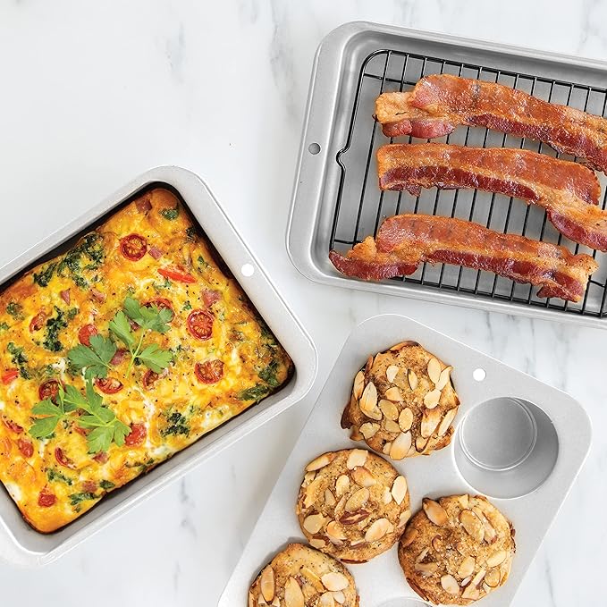 Nordic Ware Naturals 5 Piece Compact Pan Set, Toaster Oven, Counter Ovens, Air Fryer and Broiler Safe, Size for 1-2 Portions - Includes Rectangular Pan, Muffin Pan, Baking Sheet, Broiling Rack and Lid