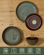 Pokini 24 Piece Double Bowl Dinnerware Sets with Pasta Bowls, Highly Chip and Crack Resistant Plates and Bowls Sets, Natural Earthyware Ceramic Dishware Sets, Service for 6 Sage Green