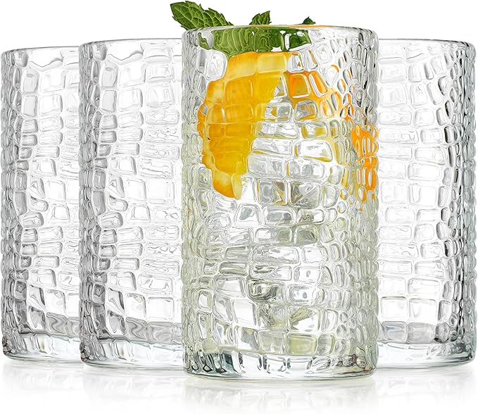 Glaver's Highball Drinking Glasses, Set of 4 Clear 15 Ounce Patent Crackle Design Textured Drinking Glasses Heavy Duty premium Glassware for Everyday Home, Bar use