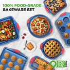 NutriChef 10-Piece Nonstick Bakeware Set - Deluxe Carbon Steel with Blue Silicone Coating, Red Handles, Professional Grade Kitchen Essentials, Ideal for Baking Cakes, Cookies, and More (Blue)