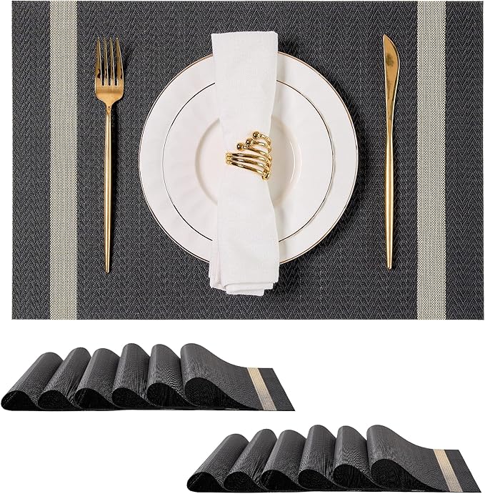 Leetaltree Luxury Black Placemats with Gold Stripes Placemats Set of 4 - Waterproof Washable for Wedding, Anniversary, Daily Use - Sparkling Table Decor - Hand-Cut