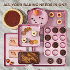 HONGBAKE 9-Piece Baking Pans Set Nonstick, Stackable Non Toxic Bakeware Sets with Diamond Texture, Oven Pan Set for Cooking, Includes Cookie Sheet with Rack, Cake Pan, Roasting Pan, Muffin Tin, Pink