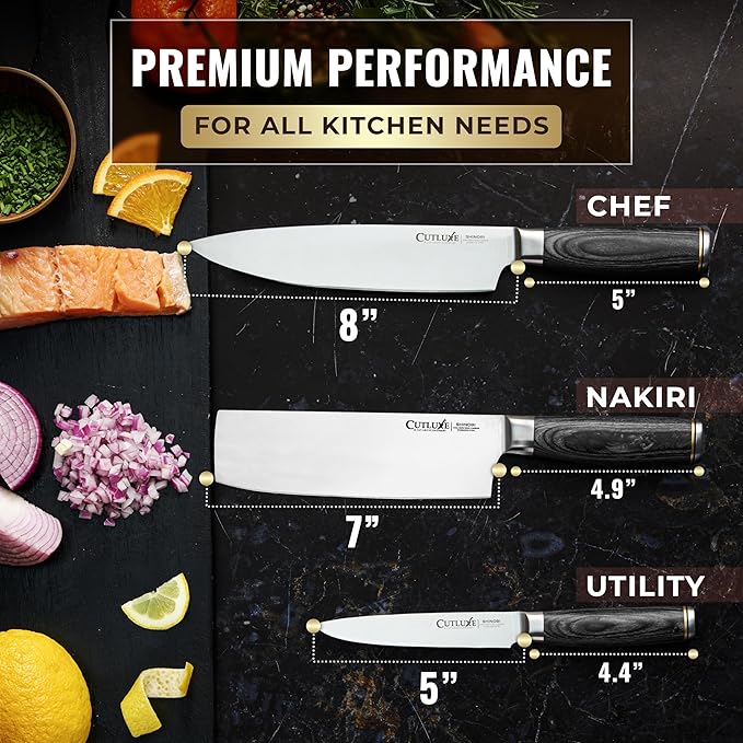 Cutluxe 3-Piece Chef Knife Set – Ultra Sharp Japanese Kitchen Knives, High Carbon Stainless Steel Blades, Full Tang Pakkawood Handles – Shinobi Series