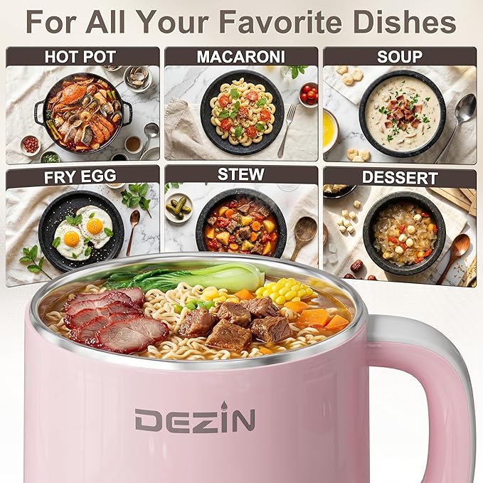 Dezin Hot Pot Electric, Rapid Noodles Cooker, Stainless Steel Electric Pot 1.6 Liter, Perfect for Ramen, Egg, Pasta, Dumpling, Soup, Porridge, Oatmeal with Temperature Control and Keep Warm Function