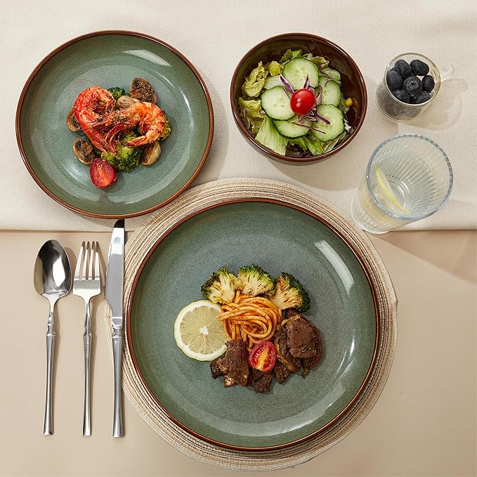 Pokini 36 Piece Stoneware Dinnerware Sets, Ceramic Plates and Bowls Set, Microwave & Dishwasher Safe Kitchen Dish Set, Modern Dinner Salad Plates | Cereal Bowls for 12, Dishware Sets Sage Green