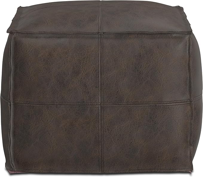 SIMPLIHOME Sheffield Square Pouf - 18 inch Wide Genuine Leather Ottoman in Distressed Dark Brown, Boho-Style Footrest, Extra Seating, or Accent Piece for Living Room or Bedroom, Assembled