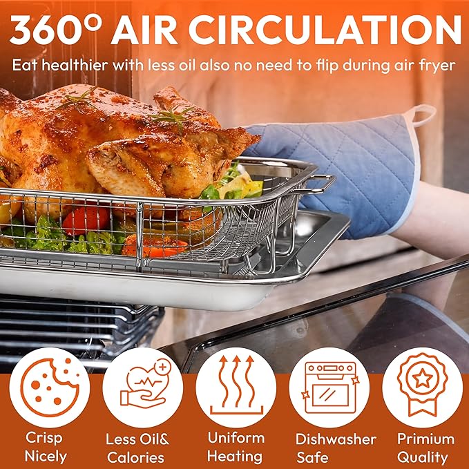 15.6" X 11.6" Large Air Fryer Basket for Oven, Oven Air Fryer Basket and Tray Set With 30PCS Parchment Papers, Stainless Steel Air Fryer Pan and Crisper Tray for Frying Baking