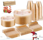 WELLIFE 300 PCS Gold Glitter Dinnerware Set for 50 Guests, Disposable Plastic Plates for Party, 50 Dinner Plates, 50 Salad Plates, 50 Cups Forks Knives Spoons for Wedding and Party Supplies