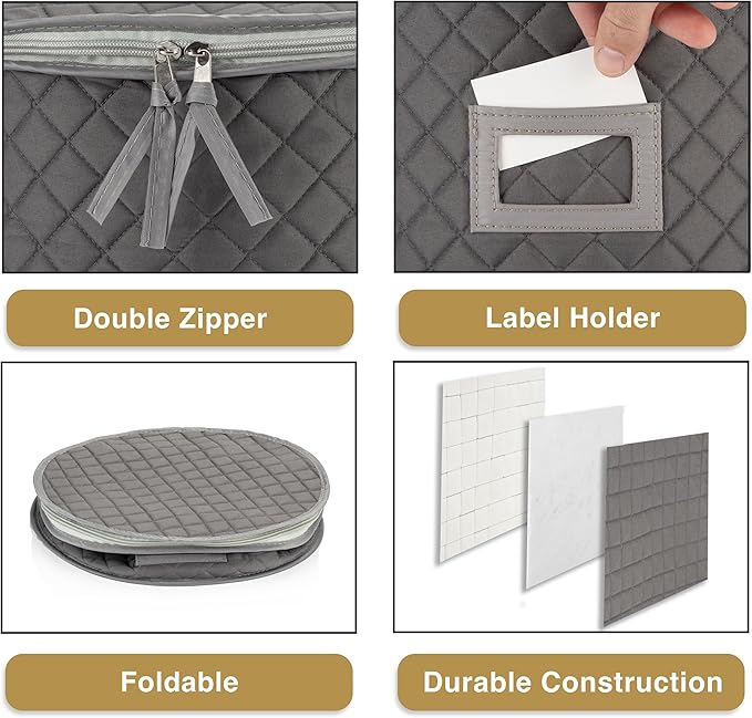 Stack Store Plus More China Storage Case - Dinner Plate Quilted Case - 12 inches diameter x 7 inches height - Gray - Includes 12 Felt Separators