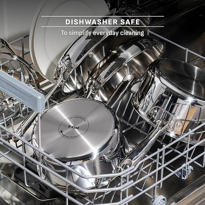 T-fal Pro Tri-Ply Stainless Steel Cookware Set 13 Piece Induction Compatible, Oven Safe 500F, Lids 350F, Fast & Even Heat, Pots and Pans Set, Professional Quality, Kitchen Essentials, Silver