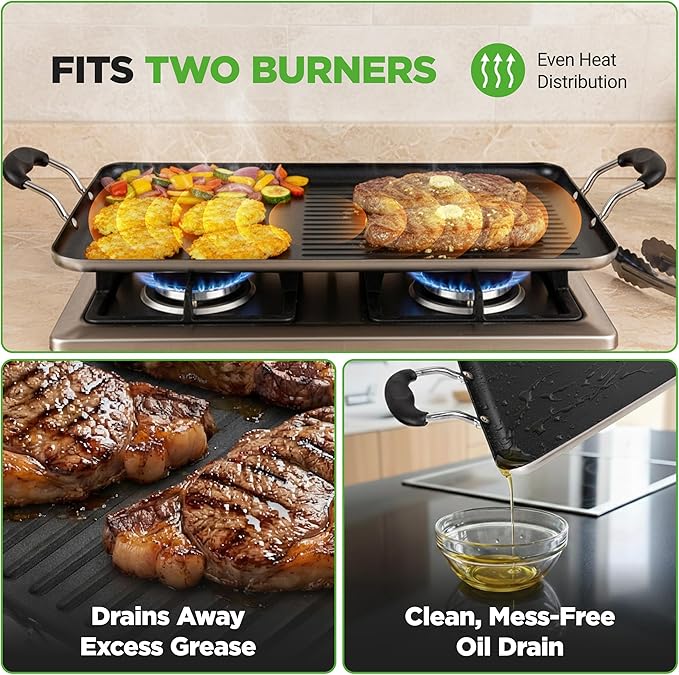 NutriChef 24" Stove Top Griddle Pan, Nonstick Double Burner Grill & Griddle Combo, Ridged & Flat Surfaces, Suitable for Frying & Searing, Cool-Touch Handles, Easy to Clean, Black