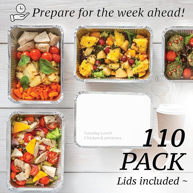 110 Pack - 2.25LB Aluminum Pans with Cardboard Lids - To go Foil Containers with Lids - Disposable Food Containers - Foil Take Out - Meal Prep Trays Foil Tins Freezer Meals Comercial