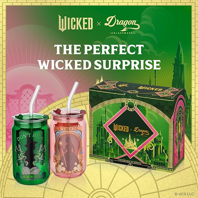Dragon Glassware x Wicked 16 oz Drinking Glasses Set of 2 - Glass Cups with Lids and Straws - Iced Coffee Cups with Lids - Reusable Glass Tumbler with Straw and Lid - Enchanted