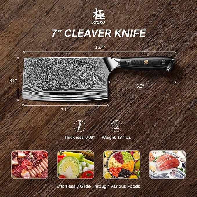 KYOKU Vegetable Cleaver Knife - 7" - Shogun Series - Japanese Style VG10 Steel Core Forged Damascus Blade - with Sheath & Case