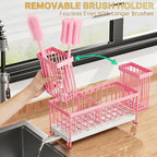Cisily Sponge Holder for Kitchen Sink, Sink Caddy Organizer with High Brush Holder, Kitchen Countertop Organizers and Storage Essentials, Rustproof 304 Stainless Steel (Pink, 9.25″)