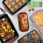NutriChef 6-Piece Baking Pan Set - PFOA, PFOS, PTFE Free Flexible Nonstick Black Coating Carbon Steel Bakeware - Professional Home Kitchen Bake Cookie Sheet Stackable Tray w/Red Silicone Handles