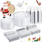 WELLIFE 300 PCS Silver Dinnerware Set for 50 Guests, Silver Plastic Disposable Plates for Party, 50 Dinner Plates, 50 Salad Plates, 50 Cups Forks Knives Spoons for Wedding and Party Anniversary