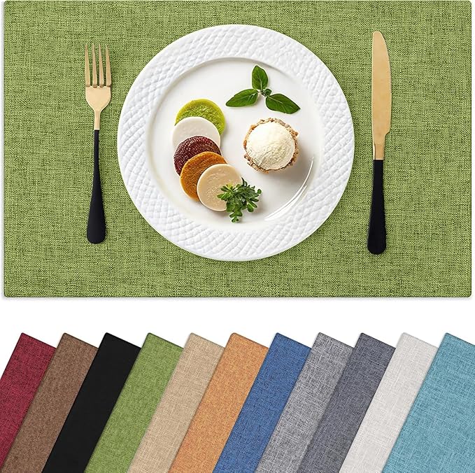 Homaxy Cloths Placemats for Dining Table Set of 4, Heat Resistant Washable Cotton Linen Blend Table Mats, Easy to Clean Place Mats for Indoor Outdoor Party Kitchen Decoration, 13" x 19", Grass Green
