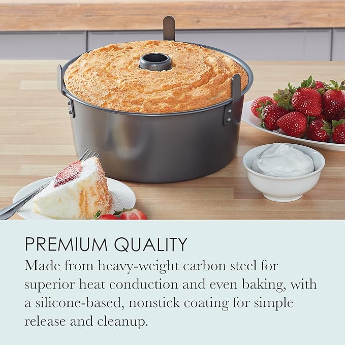 Chicago Metallic Angel Food Cake Pan with Cooling Feet, 2-Piece Nonstick Tube Pan, 9.5 Inch Carbon Steel, Perfect for Pound and Sponge Cakes