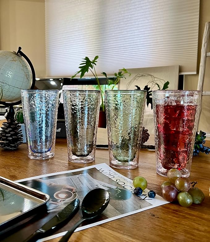 KLIFA- NICE- 20 oz, Set of 4, Acrylic Insulated Tumbler Set, Double-wall Drinking Glasses, BPA-Free, Shatter-Proof Plastic Drinkware, Dishwasher Safe Cups, Assorted