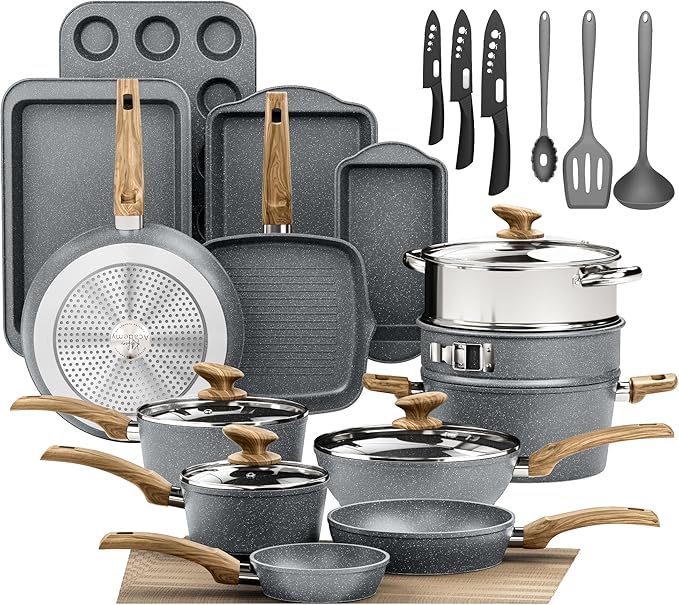 DishDelight Induction Pots and Pans Set Non Stick, 30 Piece Nonstick Kitchen Cookware Sets, Gray Cooking Pan Set, PFOA & PFOS Free