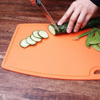 Liflicon Thick Cutting Boards for Kitchen Silicone Chopping Board Set of 2 Mid 12.6'' x 9.1”,Mini 9.1”x7.1” Non-slip Deep Drip Juice Groove Easy Grip Handle,Dishwasher Safe-Orange