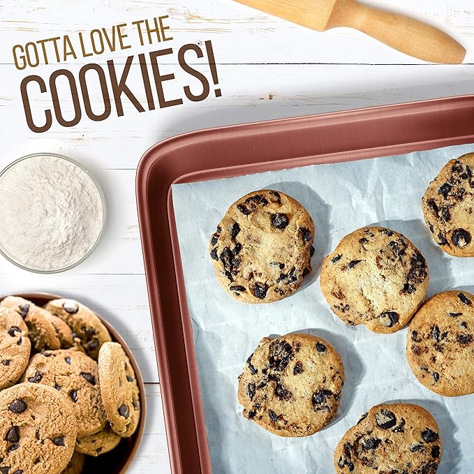 NutriChef Nonstick Cookie Sheet Baking Pan - 2pc Large & Medium Metal Oven Baking Tray, Professional Quality Kitchen Cooking Non-Stick Bake Trays w/ Rimmed Borders, Rose Gold