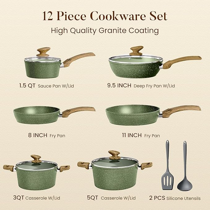Kitchen Academy Non Toxic Pots and Pans Set Non Stick - 12 Piece Induction Cookware Sets, Green Granite Nonstick Cooking Pot and Pan, PFOA&PFOS Free
