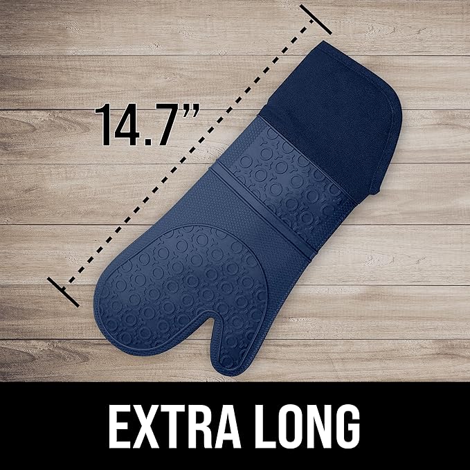 BPA-Free Soft Silicone Oven Mitts - Ultra Heat Resistant Oven Mitts with Thick Cotton Liner - Extra Long Slip Resistant Pot Holders, Flexible Oven Gloves - Navy 14.7"