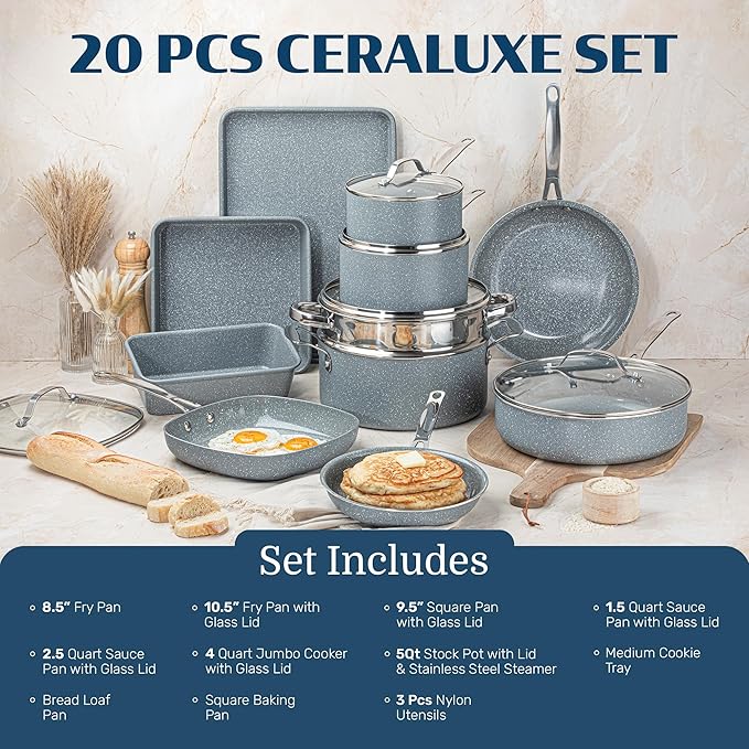 Granitestone Ceraluxe 20 Pc Ceramic Cookware Set Nonstick, Complete Pots and Pans Set Non Stick for Kitchen with Bakeware, Utensils & Steamer, Non Toxic Made Without PFOA PFOS, Oven & Dishwasher Safe
