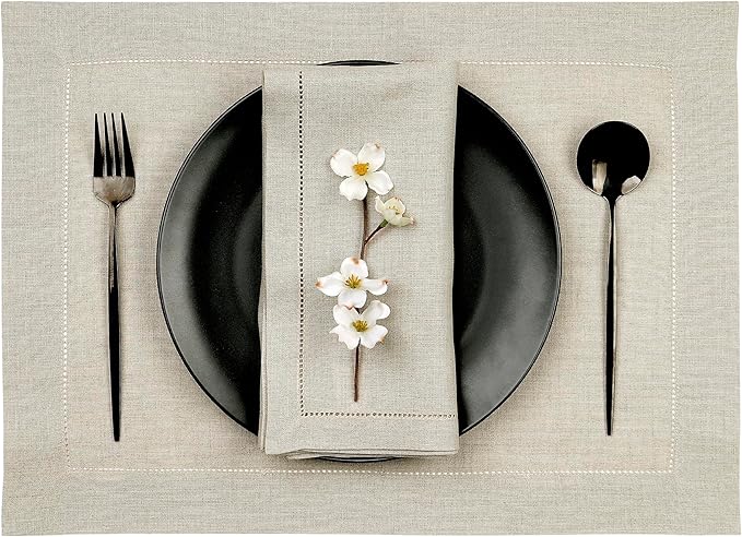 D'Moksha Homes Linen Placemats Set of 6 - Classic Hemstitch Natural Placemats 14 x 19 Inch - 100% Pure Linen Table Mats for Valentines, Holiday, New Year - Handcrafted and Machine Washable