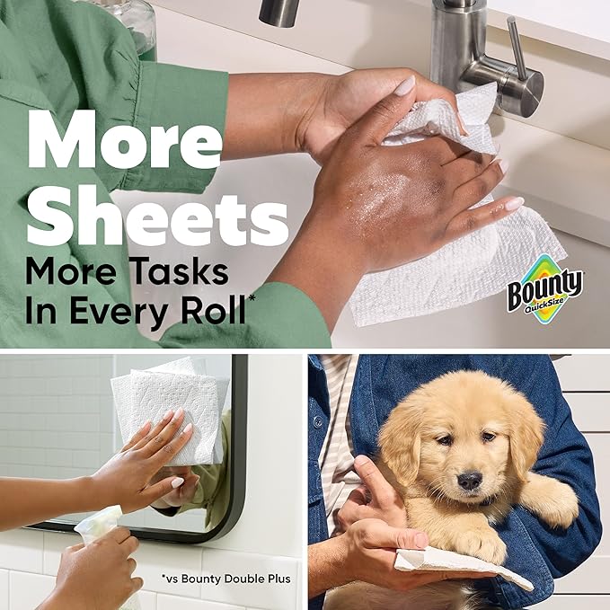 Bounty Quick Size Paper Towels, White, 8 Family Rolls = 20 Regular Rolls (Packaging May Vary)