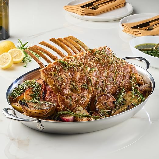 Hestan Provisions Oval Roasting Pan and Au Gratin Dish, 5.5 Quart Clad Stainless Steel, 17.5 x 14 Inch - Designed with Thomas Keller, Oven Safe 600F, Dishwasher Safe