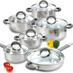 Cook N Home Stainless Steel Cookware Sets, 3-Ply 12 Pcs Pots and Pans Set with Stay-Cool Handle, Non-Toxic, Induction-Ready, Dishwasher & Oven Safe, Combatible w/ All Cooktops