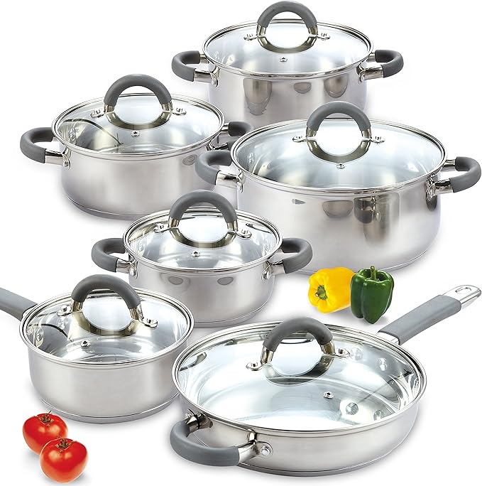 Cook N Home Stainless Steel Cookware Sets, 3-Ply 12 Pcs Pots and Pans Set with Stay-Cool Handle, Non-Toxic, Induction-Ready, Dishwasher & Oven Safe, Combatible w/ All Cooktops