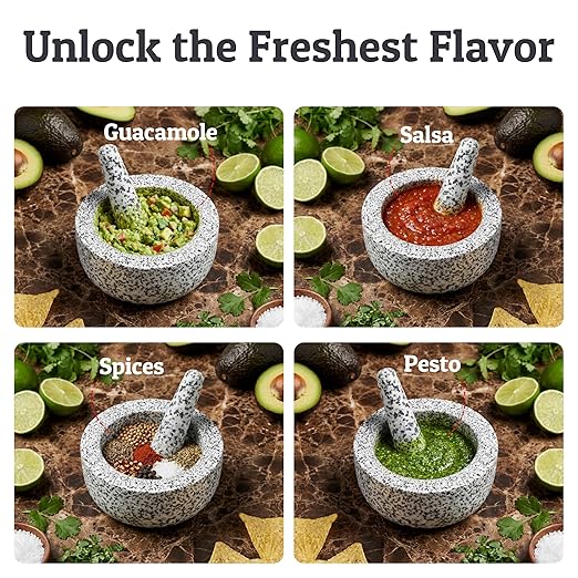 Priority Chef Heavy Duty Extra Large Mortar and Pestle Set, 4 Cup, Hand Carved from Natural Granite, Make Fresh Guacamole, Salsa, Pesto, Stone Grinder Bowl, Herb Crusher, Spice Grinder, Grey