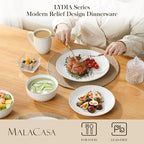 MALACASA 16 Pieces Dinnerware Sets, Modern Relief Design Plates and Bowls Sets, White Dish Set for 4, Kitchen Ceramic Dinner Plates Dishware Set, Microwave and Dishwasher Safe, Series LYDIA