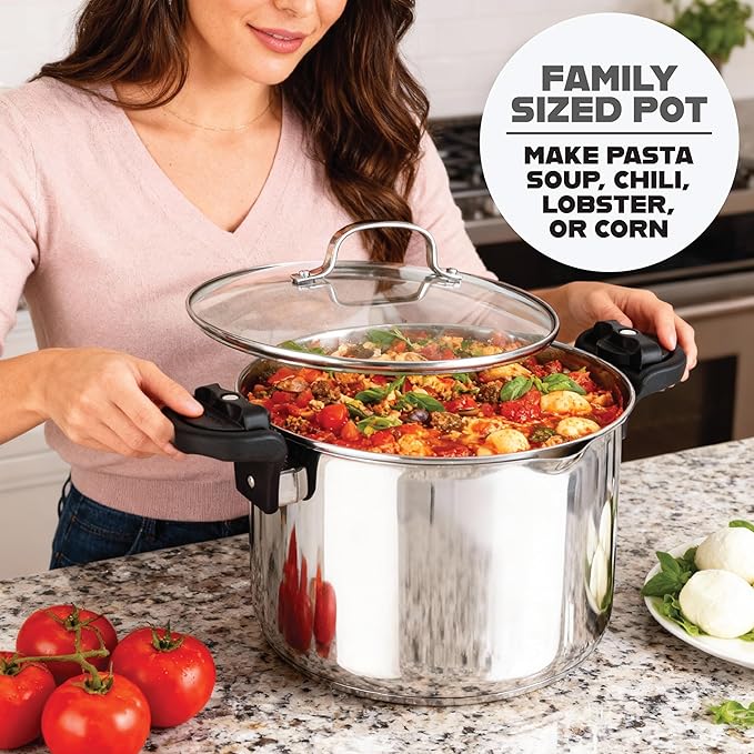 GOTHAM STEEL 8 Qt Nonstick Pasta Pot with Strainer Lid, Stainless Steel Stock Pot, Twist & Lock Handles, 2 Strainer Sizes, PFOA Free, for Soup & Spaghetti, Induction Ready, Oven & Dishwasher Safe