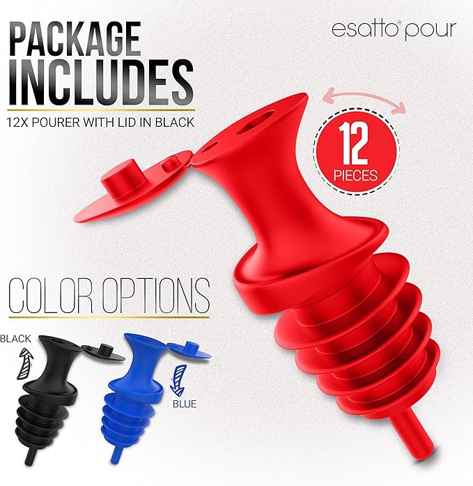 Esatto Pour and Seal, Pourer with Lid – Easy Pouring for Drinks like Spirits and Liquors, Lid for Healthy Practices Keeping Debris and Fruit Flies Away, Professional Bar Tool, Pack of 12 Pieces (Blue)