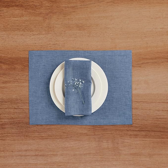 Solino Home Linen Cloth Napkins Set of 4-100% Pure Linen Blue Denim Dinner Napkins 20 x 20 Inch for Winter - Athena, Handcrafted and Machine Washable