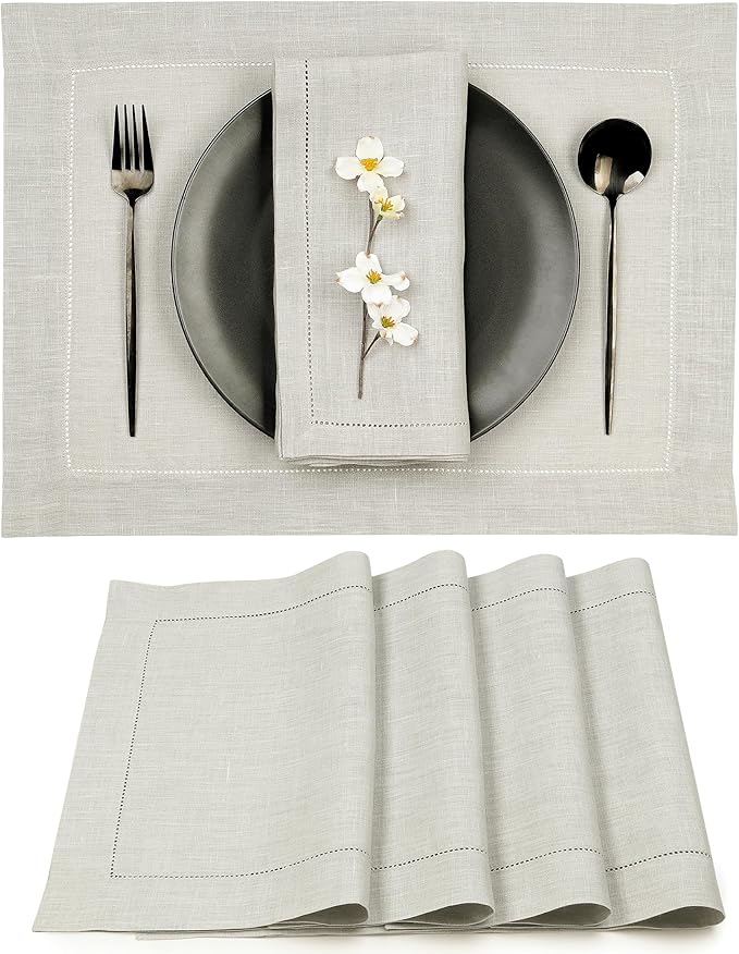 D'Moksha Homes Silver Grey Linen Cloth Placemats Set of 4-100% Pure Linen Hemstitch Placemats 14 x 19 Inch - Classic Hemstitch Table Place Mats for Winter - Handcrafted and Machine Washable