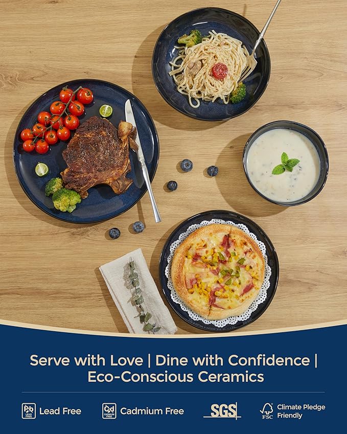 Pokini 32 Piece Starry Blue Dinnerware Set with Pasta Bowls, Coastal Reactive Glaze Stoneware for 8 | Complete Serving Set for Holiday Meals, Multi‑Dish Hosting & Family Celebrations